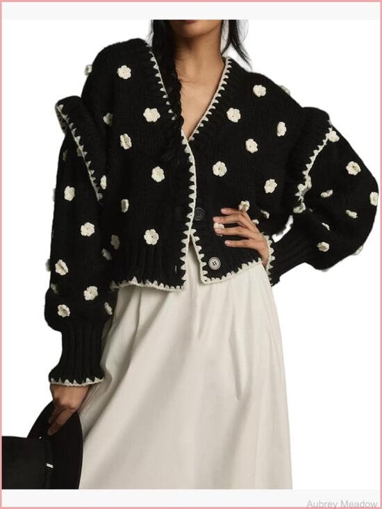 Sweaters - Chunky Knit Drop Shoulder V Neck Button Down Embroidered Flower Cardigan Tops